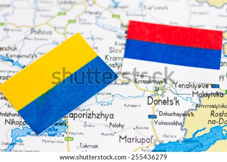 Donetsk boundary and Russia, Ukraine flags