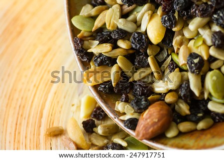 Organic trail mix with nuts, seeds and dried fruits