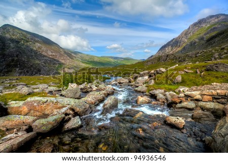 Stream running down Llyn Idwal at the Cwm Idwal National Nature Reserve North Wales UK