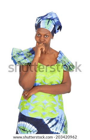 Beautiful black woman doing different expressions in different sets of clothes: worried