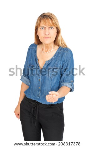 Beautiful businesswoman doing different expressions in different sets of clothes: angry