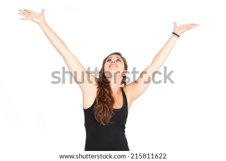 Beautiful woman doing different expressions in different sets of clothes: arms raised