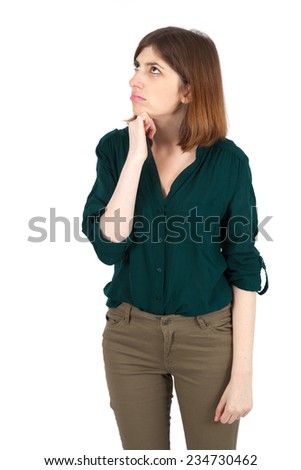 Beautiful woman doing different expressions in different sets of clothes: thinking