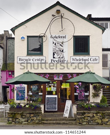 KESWICK, ENGLAND - JULY 26: The Lakeland Pedlar cafe on July 26, 2012 in Keswick, England. Keswick is a tourism hotspot of the Lake District, especially popular with walkers in the summer months.