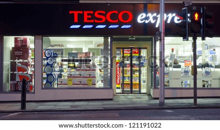 Edinburgh - October 27: The Exterior Of A Tesco Express Store On October 27, 2012 In Edinburgh, Uk. On December 5, 2012, Tesco Announced Closure Of Up To 200 Stores In The Us Branded &Quot;Fresh &Amp; Easy&Quot;. Stock Photo 121191022 : Shutte