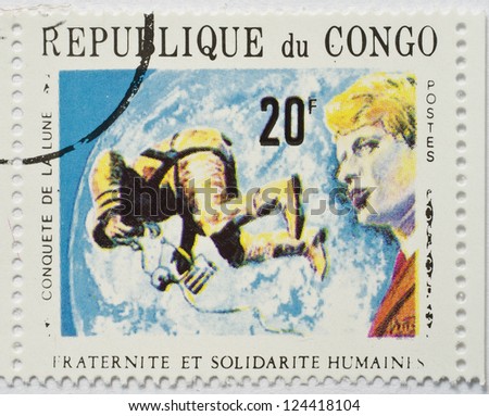 REPUBLIC OF CONGO - CIRCA 1969: a stamp from the Republic of Congo celebrates the first successful human mission to the Moon, circa 1969