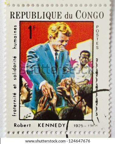 REPUBLIC OF CONGO - CIRCA 1968: a stamp from the Republic of Congo shows image of Robert Kennedy, the Democratic senator from New York, circa 1968