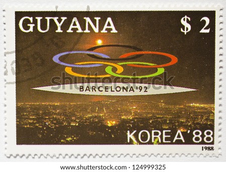 GUYANA - CIRCA 1988: a stamp from Guyana shows image commemorating the Barcelona \'92 Olympic Games, circa 1988