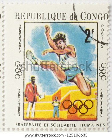REPUBLIC OF CONGO - CIRCA 1970: a stamp from the Republic of Congo shows image of a long jumper, circa 1970