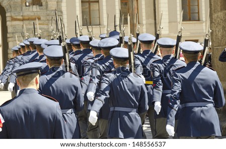 PRAGUE, CZECH REPUBLIC - JUNE 10: soldiers in the changing of the guard ceremony at Prague Castle complex on June 10, 2013 in Prague, Czech Republic. A formal ceremony takes place each day at noon.
