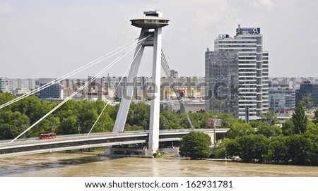 BRATISLAVA, SLOVAKIA - JUNE 7: New Bridge on June 7, 2013 in Bratislava, Slovakia. New Bridge is the world's longest cable-stayed bridge to have one pylon and one cable-stayed plane.