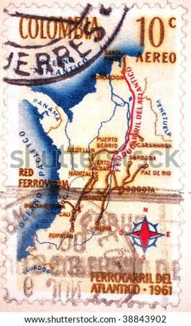 COLOMBIA - CIRCA 1961: A stamp printed in Colombia shows image of a map of Colombia, series, circa 1961