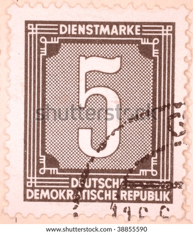 EAST GERMANY - CIRCA 1949: A stamp printed in East Germany shows 5 deutschmarks, series, circa 1949