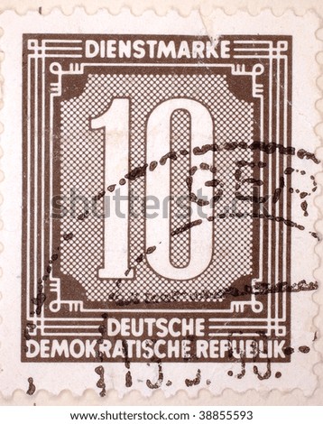 EAST GERMANY - CIRCA 1949: A stamp printed in East Germany shows 10 deutschmarks, series, circa 1949