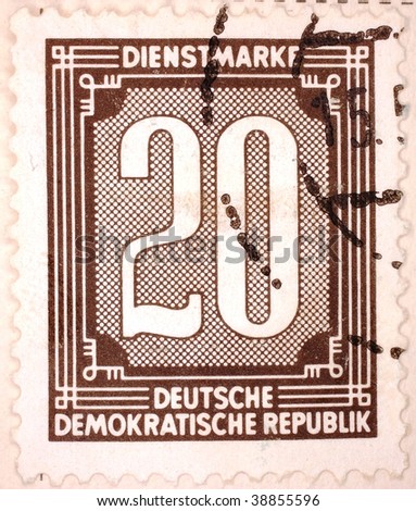 EAST GERMANY - CIRCA 1949: A stamp printed in East Germany shows 20 deutschmarks, series, circa 1949