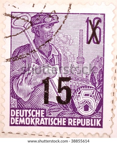 EAST GERMANY - CIRCA 1949: A stamp printed in East Germany shows 15 deutschmarks, series, circa 1949