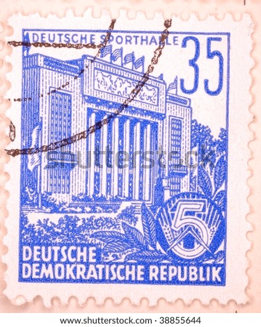 EAST GERMANY - CIRCA 1951: A stamp printed in East Germany shows image of the German Sport Hall, which was demolished in the 1970s, series, circa 1951
