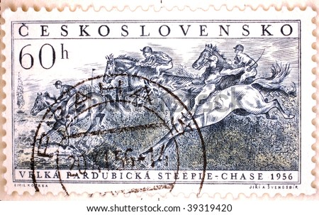 CZECHOSLOVAKIA - CIRCA 1956: A stamp printed in Czechoslovakia shows image of the Velka Pardubicka Steeple Chase 1956, series, circa 1956
