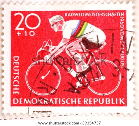EAST GERMANY - CIRCA 1960: A stamp printed in East Germany shows image celebrating the 1960 Railway World Amateur Cycling Championships, series, circa 1960