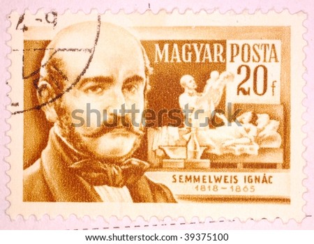 HUNGARY - CIRCA 1958: A stamp printed in Hungary shows image of Semmelweis Ignac, the physician, series, circa 1958