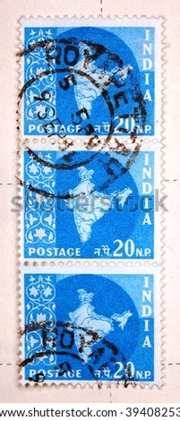 INDIA - CIRCA 1961: A trio of stamps printed in India show a map of India, series, circa 1961