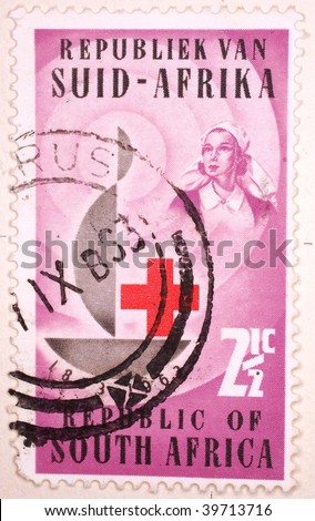 SOUTH AFRICA - CIRCA 1949: A stamp printed in South Africa shows image of a Red Cross doctor or nurse, series, circa 1949