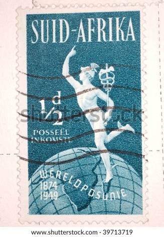 SOUTH AFRICA - CIRCA 1949: A stamp printed in South Africa shows image celebrating the 75th anniversary of the Universal Postal Union, series, circa 1949