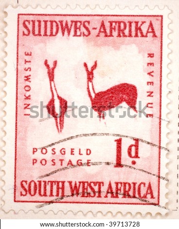 SOUTH WEST AFRICA - CIRCA 1949: A stamp printed in South West Africa, now Namibia, shows image of two antelope, series, circa 1949