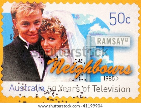 AUSTRALIA - CIRCA 2006: A stamp printed in Australia shows image celebrating the TV show Neighbours (1985-2006), series, circa 2006