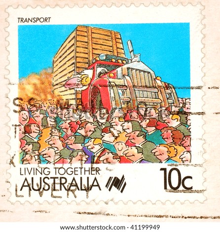 AUSTRALIA - CIRCA 1988: A stamp printed in Australia of the Living Together Australia series shows image celebrating transport, series, circa 1988
