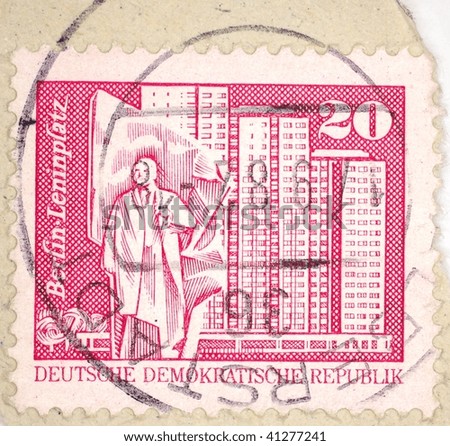 EAST GERMANY - 1982: A stamp printed in East Germany shows image of Leninplatz (now Platz der Vereinten Nationen) in Berlin, series, 1982