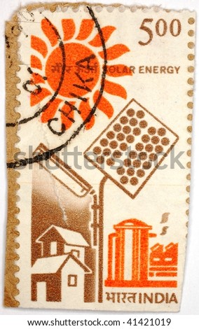 INDIA - CIRCA 1975: A stamp printed in India shows image celebrating solar energy, series, circa 1975