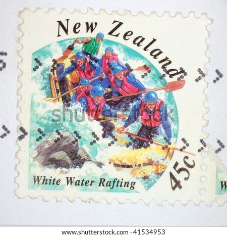 NEW ZEALAND - CIRCA 2001: A stamp printed in New Zealand shows image of people white water rafting, series, circa 2001