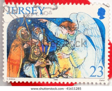 JERSEY - CIRCA 1996: A stamp printed in Jersey shows image of the Three Wise Men and an angel, series, circa 1996