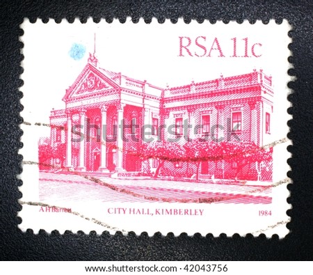 SOUTH AFRICA - CIRCA 1984: A stamp printed in South Africa shows image of City Hall in Kimberley, series, circa 1984