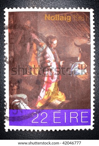 IRELAND - CIRCA 1981: A stamp printed in Ireland shows scene of Jesus and Mary in the stable, series, circa 1981