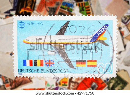 WEST GERMANY - CIRCA 1988: A stamp printed in West Germany shows image of an Airbus A320 aeroplane, series, circa 1988