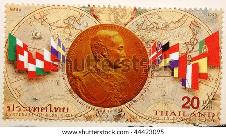 THAILAND - CIRCA 1997: A stamp printed in Thailand commemorates the centenary of King Chulalongkorn\'s first state visit to Europe in 1897, circa 1997