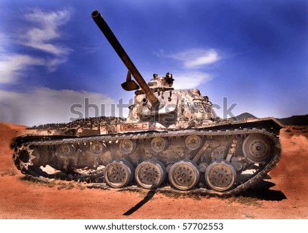 World War II tank in semi-arid landscape of Tunisia, North Africa