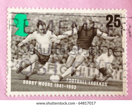 UNITED KINGDOM - CIRCA 1993: A stamp printed in the United Kingdom shows image of English football player Bobby Moore, circa 1993