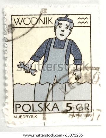 POLAND - CIRCA 1996: A stamp printed in Poland shows image of a plumber up to his waist in water with a spanner in his hand, circa 1996