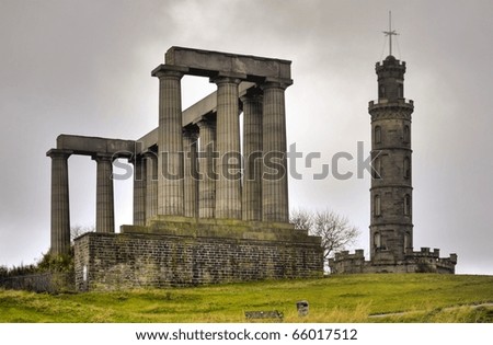 The National Monument and Nelson\'s Monument on Calton Hill, Edinburgh, Scotland