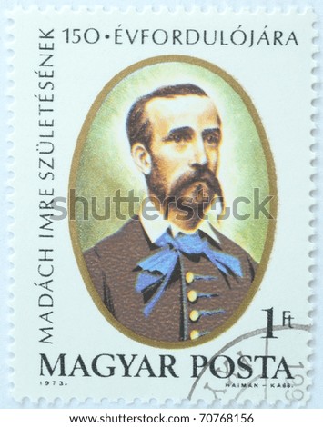 HUNGARY - CIRCA 1973: a stamp from Hungary shows image of Hungarian writer, poet, lawyer and politician Imre Madach, circa 1973