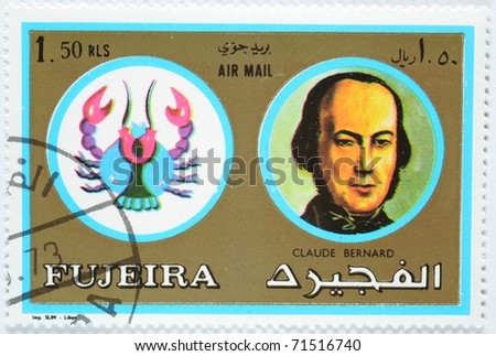 FUJEIRA - CIRCA 1971: a stamp from Fujeira, from the Zodiac Signs of Famous People series, shows image of Claude Bernand, the French physiologist, and Cancer the crab, circa 1971