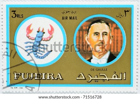 FUJEIRA - CIRCA 1971: a stamp from Fujeira, from the Zodiac Signs of Famous People series, shows image of Charles de Gaulle and Scorpio the scorpion, circa 1971