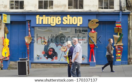 EDINBURGH, UK SEPTEMBER 22, 2013: a photo of the Fringe Shop on Edinburgh\'s Royal Mile. The Edinburgh Fringe is the world\'s largest arts festival.