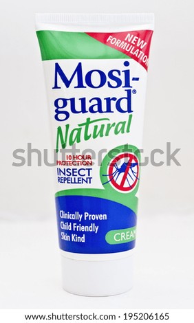 EDINBURGH, SCOTLAND JANUARY 11, 2014: photo of Mosi-guard mosquito repellent in Edinburgh, Scotland. Mosi-guard is a DEET free alternative to synthetic insect repellents.