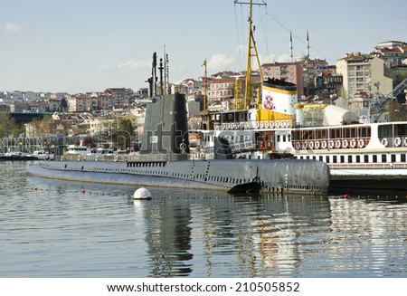 ISTANBUL - MARCH 27: submarine on March 27, 2014 in Istanbul, Turkey. Istanbul is the capital of Turkey and the largest city in Europe, with a population of 14.2 million.
