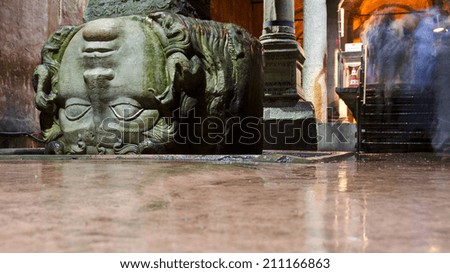ISTANBUL, MARCH 25: Medusa carving in Basilica Cistern on March 25, 2014 in Istanbul, Turkey. The Basilica Cistern is the largest of hundreds of ancient cisterns that lie beneath the city of Istanbul.