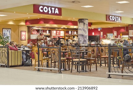 EDINBURGH - MARCH 22: Costa Coffee shop on March 22, 2014 in Edinburgh, United Kingdom. Costa Coffee is the world\'s second largest coffee house chain, after Starbucks.